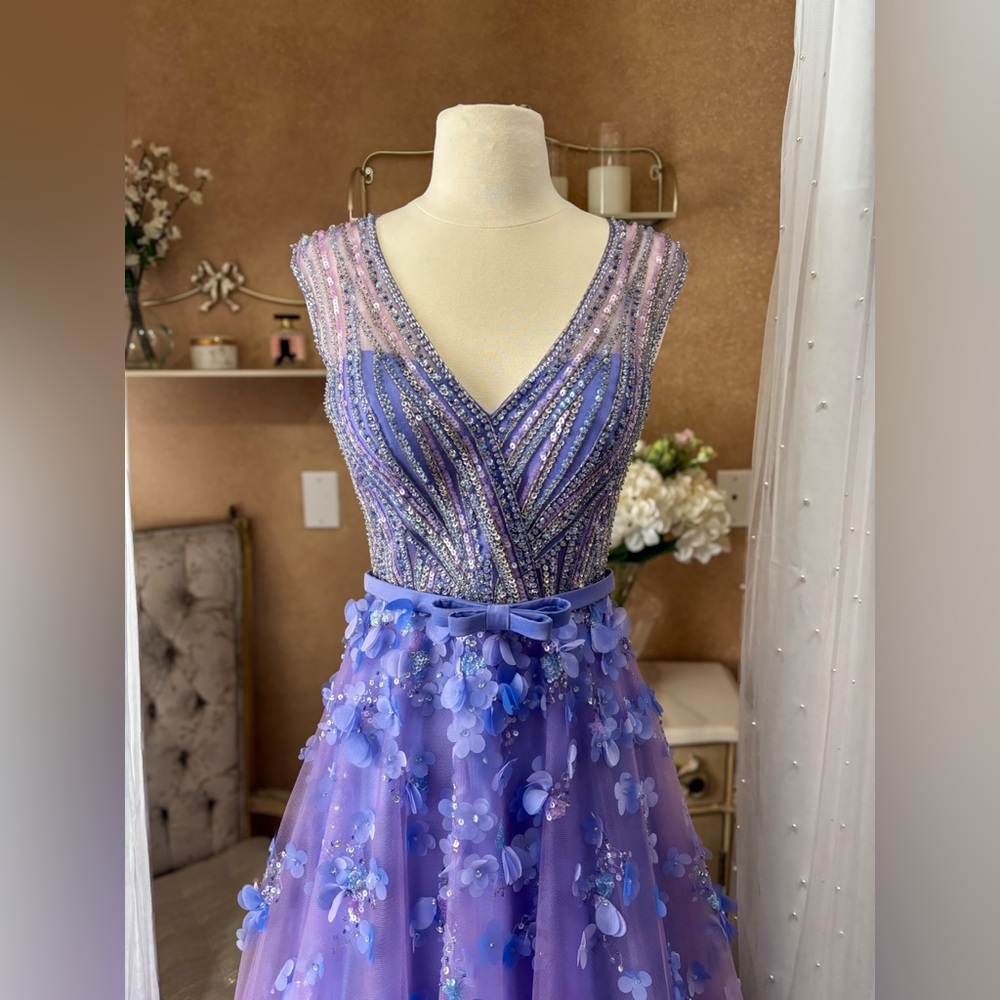 Vienna Prom Purple Floral Appliqué Ball Gown NWT